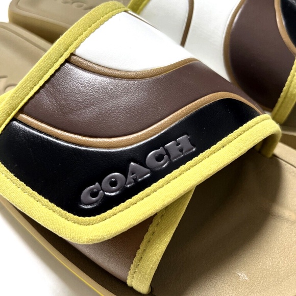 NWOB COACH Sport Slide Size 8 Rubber Pool Beach CA326 Brown Green Leather - Picture 5 of 10